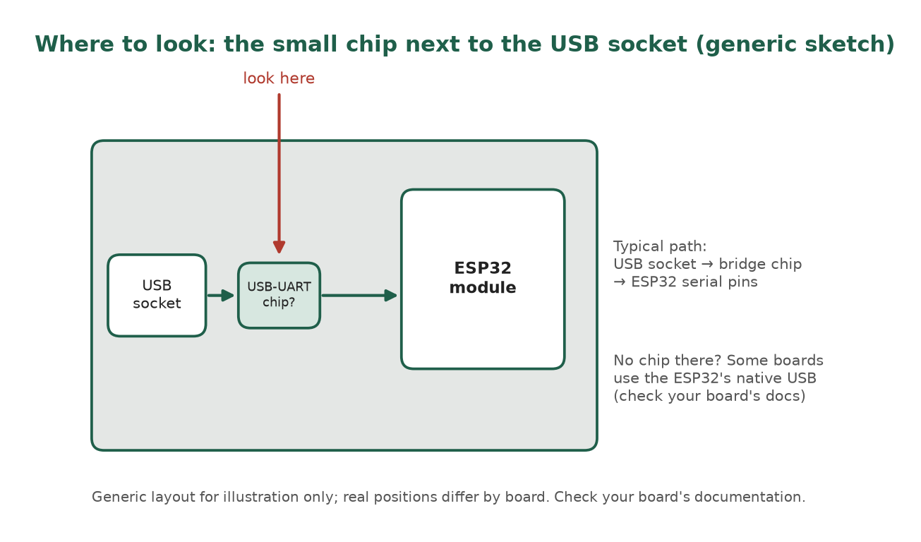 Generic board sketch: USB socket on the left, a small chip labelled USB-UART chip next to it with an arrow saying look here, then the ESP32 module. Notes say some boards have no bridge chip and use native USB.